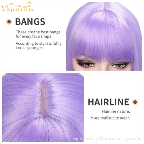 Vigorous Short Straight Bob Wig with Bangs Natural Looking Heat Resistant Hair Costume Wig Cosplay Wig Purple Color